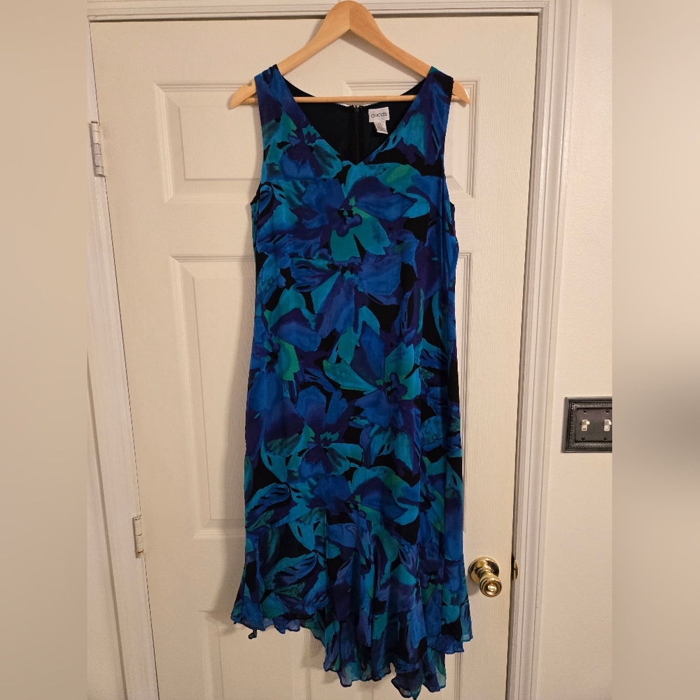 Chico's Blue Floral Silk Dress Sleeveless Asymetrical Hem Size 1